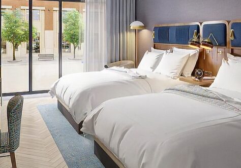 White and Blue Modern Hotel Room