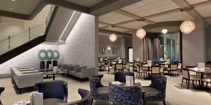 blue white and grey es olathe dining room
