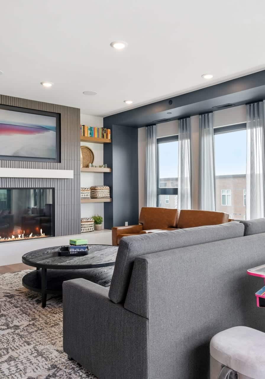 modern living room with a light grey couch