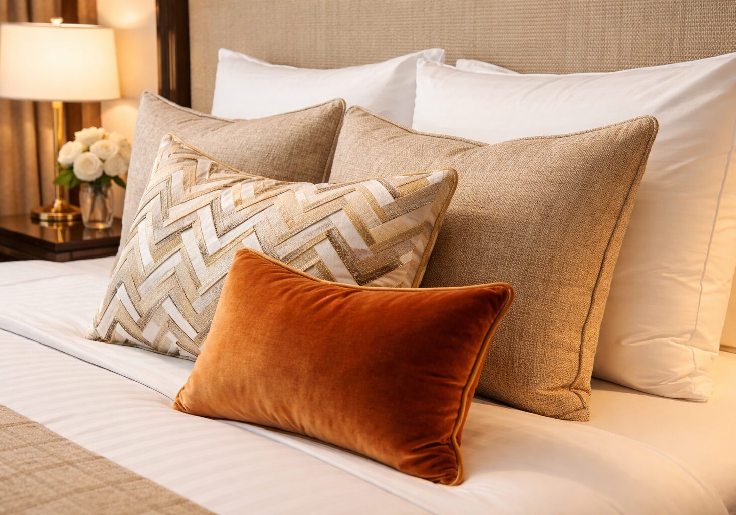 beige orange and white pillows on a bed soft furnishing