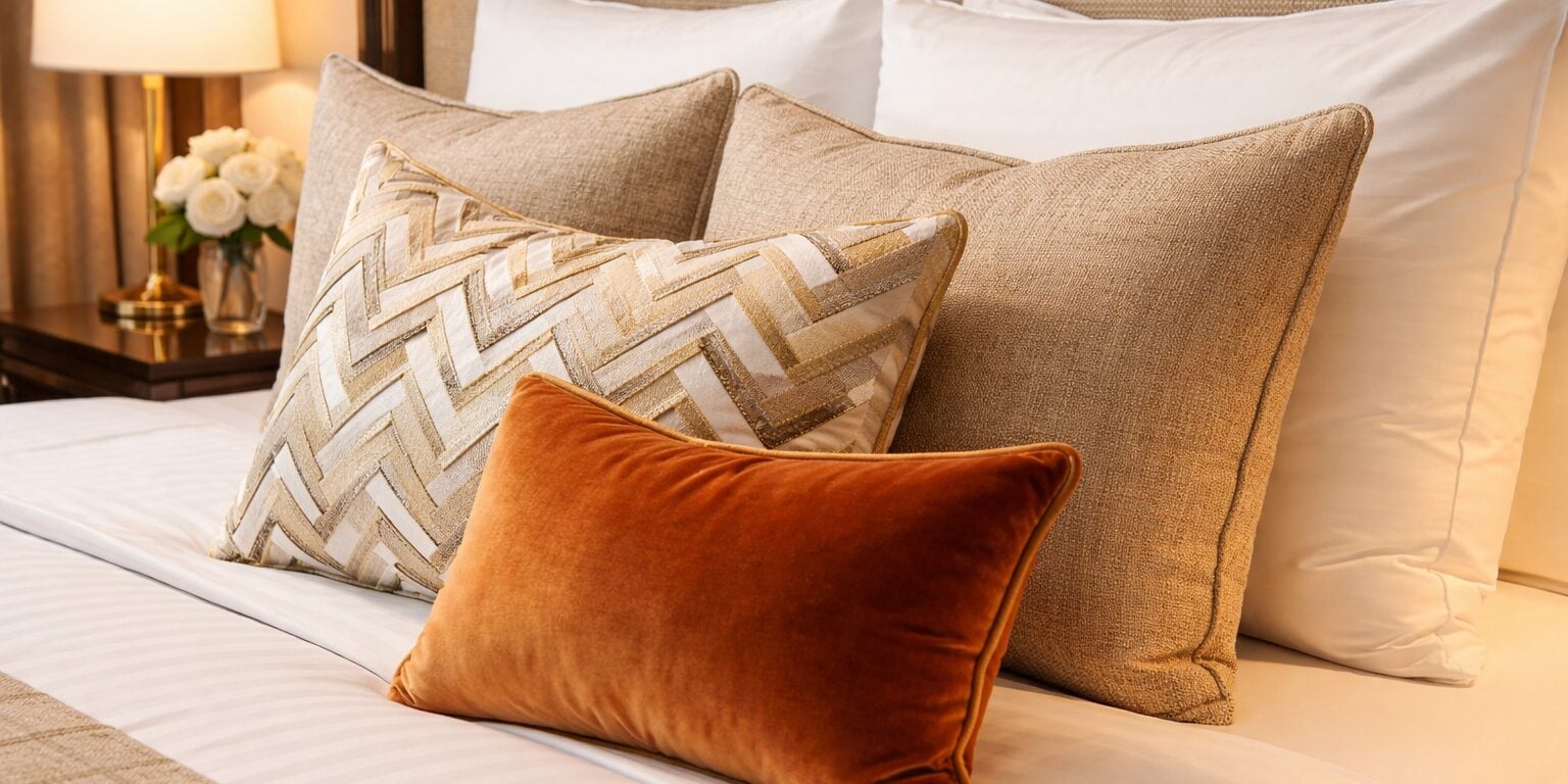 beige orange and white pillows on a bed soft furnishing